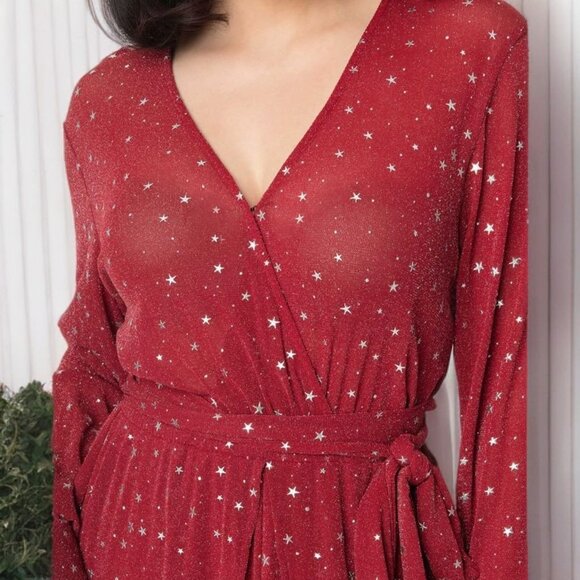 Unique Vintage Red & Silver Stars Farrah Maxi Dress V-Neck Sheer Holiday Gown - Picture 6 of 10